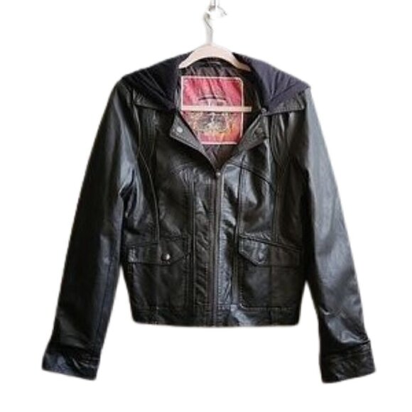 BERNARDO COLLECTION Dark gray faux leather removable hoodie bomber jacket - Picture 1 of 10